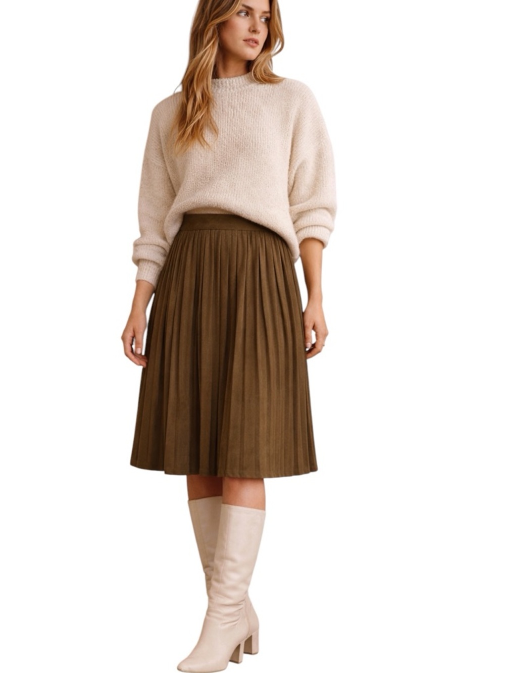 Zara Basic Olive Green Pleated Midi Skirt Size S Faux Suede